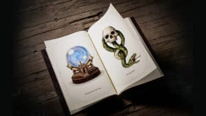 Harry Potter-themed self-coloring book featuring magical illustrations and mystical designs.