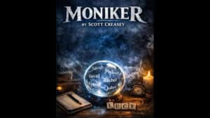 An image of the Moniker book cover featuring a crystal ball with names inside, set in a mystical, ma.