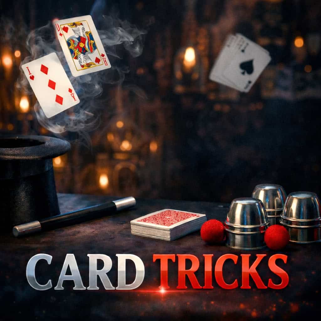 Magic card tricks with floating cards and cups for entertainment.