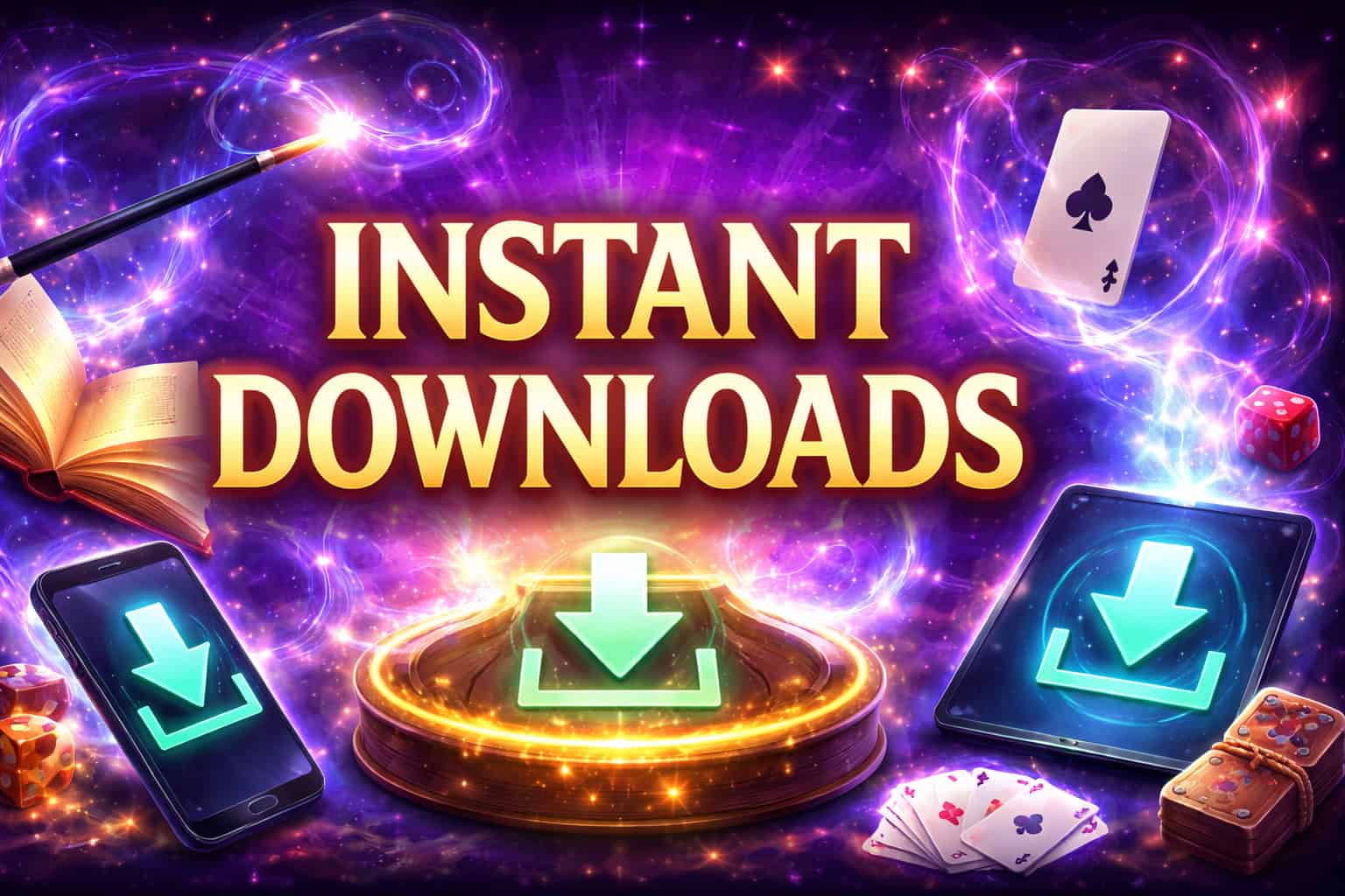 Digital download icons with magic props, cards, and smartphones for instant magic trick access.