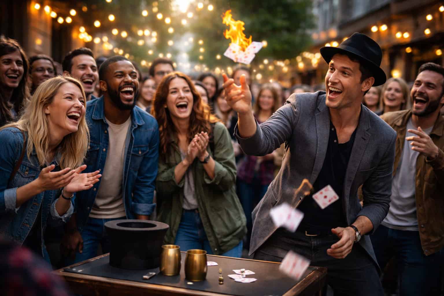 Magical tricks demonstration at an outdoor event with a magician performing for a delighted audience.