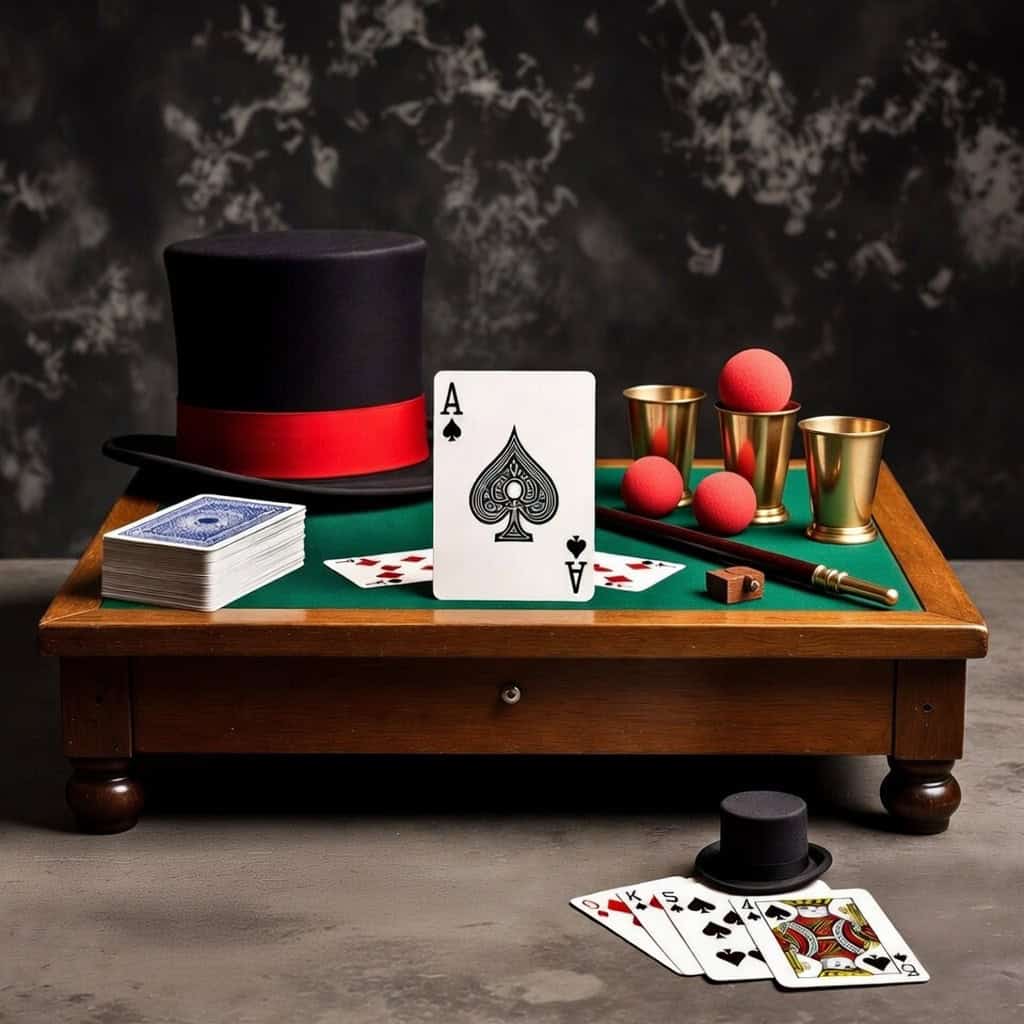 Magic trick setup with playing cards, top hat, and props for illusions.