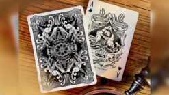 Pirate-themed playing cards featuring intricate designs and a mechanical box for magic tricks.