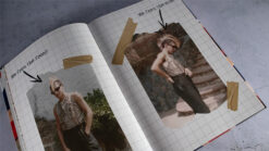 Close-up of a magician performing a trick with a notebook and photos.