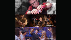 Performer demonstrating a tornado bottle magic trick during a live show.