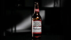 Close-up of a Bachmiser beer bottle with red cap on a dark background.