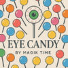 Colorful lollipops surrounding a central eye illustration for eye-catching magic tricks.