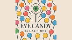 Colorful lollipops surrounding a central eye illustration for eye-catching magic tricks.