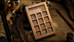 Wooden magic trick box for card illusions and sleight of hand.
