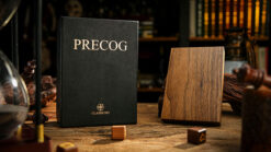 Precog book and wooden stand for magic tricks.