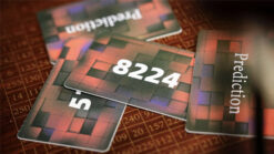 Close-up of prediction card with number 8224 and other cards on a wooden table.
