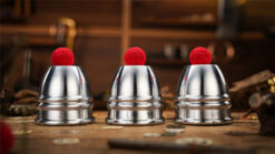 Aluminum alloy cups with red velvet balls for magic tricks and illusions.
