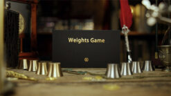 Weights game with cups and coins for magic tricks and illusions.