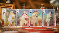 High-quality Mucha-themed playing cards from the 52 MUSÉE collection, featuring elegant Art Nouveau.