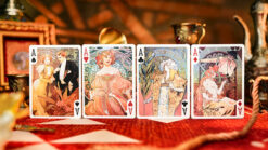 Elegant Mucha-themed playing cards featuring Art Nouveau designs for collectors and magic tricks.
