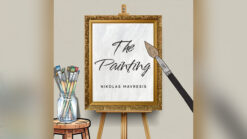 Elegant painting artwork titled "The Painting" by Nikolas Mavresis, displayed on an easel with art s.