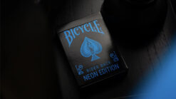 Bicycle Neon Edition playing cards with blue neon design on back, ideal for magic tricks and card en.
