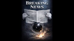 Breaking news headline with a magician's hands holding a newspaper and a floating black ball.
