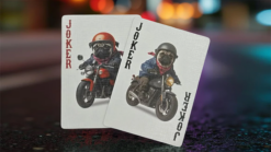 Biker dogs illustrated on collectible playing cards, perfect for card enthusiasts and motorcycle fan.