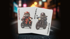 Biker cats illustrated on collectible playing cards, featuring detailed artwork and vibrant colors.
