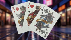 Biker cats illustrated on collectible playing cards for card game enthusiasts.