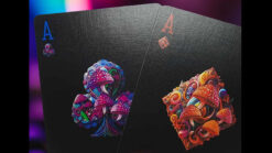 Colorful psychedelic mushroom design on collectible playing cards for magic tricks.