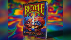 Psychedelic Bicycle playing cards with vibrant, colorful skull design for magic tricks and card enth.