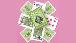 Bicycle Garden Gnome playing cards with colorful gnome illustrations on pink background.
