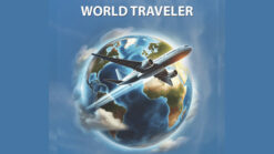 Airplane flying around a globe representing global travel and adventure.