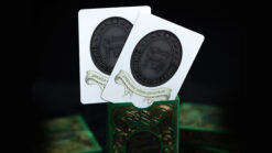 Close-up of Fulton's Irish Wonders playing cards with intricate black and white design.