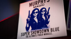 Two women in black outfits holding blue guns for Super Showdown Blue magic trick.