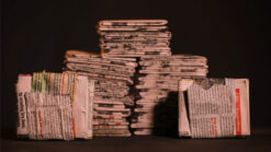 Stacked newspapers and torn tabloids for magic trick performance.