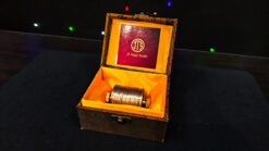 Handful of ancient Chinese coins in a wooden box for magic illusions.
