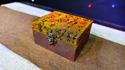 Vintage Chinese coin box with mystical symbols and lock for magic tricks.