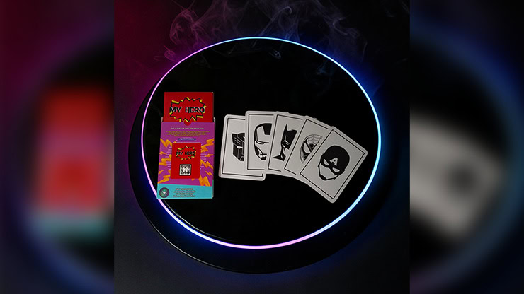 Close-up of magic cards and props for "My Hero" card trick performance.