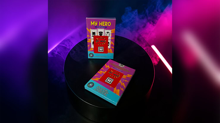 Magic trick set titled "My Hero" with colorful packaging and cards for entertainment.