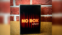 No Box magic trick card by Raymon with red neon text on black background.