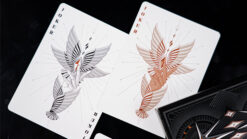 Close-up of Mr. Black V1 playing cards with artistic bird design for magic tricks.