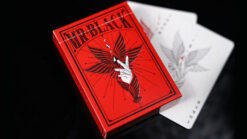 Red Mr. Black V1 playing cards with a stylized hand and feather design.