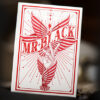 Close-up of Mr. Black V2 red playing cards with artistic design and bold typography.