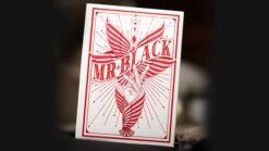 Close-up of Mr. Black V2 red playing cards with artistic design and bold typography.