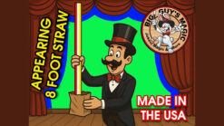 Large magician performs 8-foot appearing straw illusion at Big Guys Magic show.