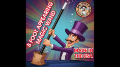 Magician with large purple top hat holding an 8-foot magic wand for illusions.