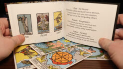 Mystical tarot card reading from Arcana by David Peace, showcasing vibrant artwork and symbolic imag.