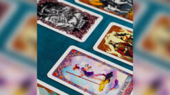 Close-up of colorful tarot cards for magic and fortune-telling.