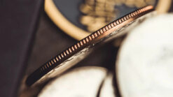 Coin appearing from a thin, metallic wing in a magic trick performance.